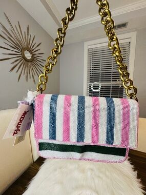 T.J.Maxx Pink, Blue & White Striped Beaded Shoulder Bag with Gold Chain